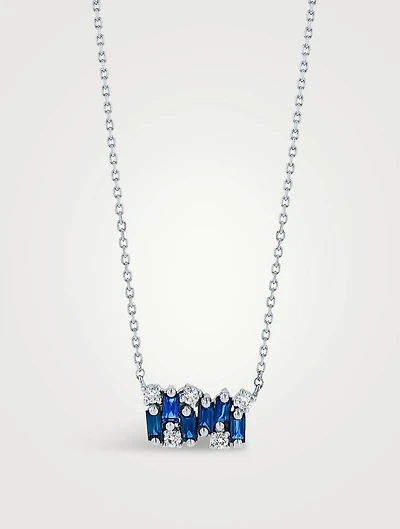 18K White Gold Shimmer Dark Blue Sapphire Mini Bar Pendant Necklace