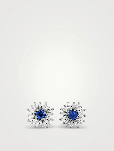 One Of A Kind 18K White Gold Sapphire And Diamond Flower Earrings