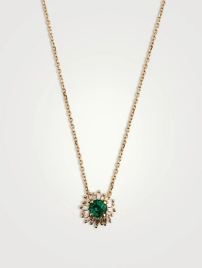 One-Of-A-Kind 14K Gold Round Emerald And Diamond Flower Pendant Necklace