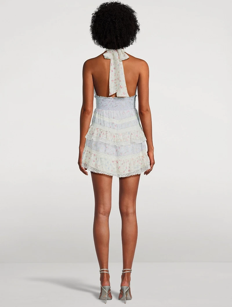 Prim Silk Halter Mini Dress In Floral Print
