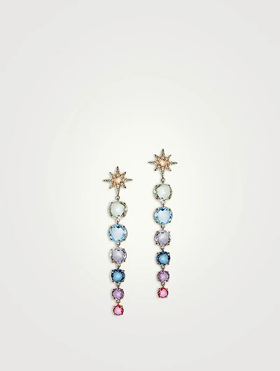Aztec 14K Gold Long Graduated Starburst Earrings With Multicolour Topaz And Diamonds