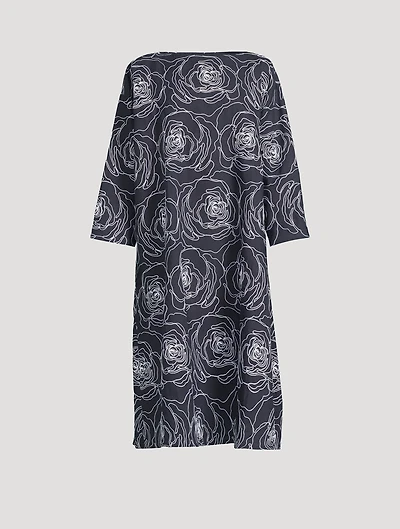 Rose-Embroidered Linen Cotton Tunic Dress