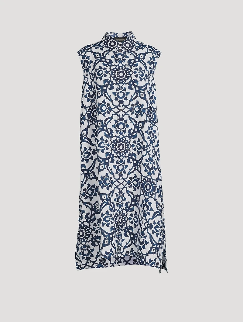 Sleeveless Linen Shirt Dress Ottoman Tile Print