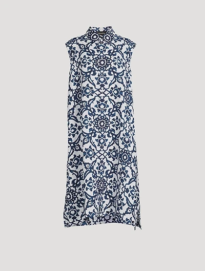Sleeveless Linen Shirt Dress Ottoman Tile Print