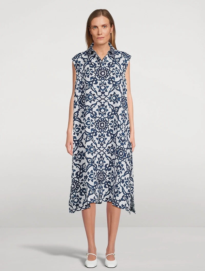 Sleeveless Linen Shirt Dress Ottoman Tile Print