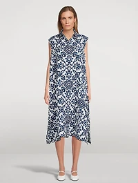 Sleeveless Linen Shirt Dress Ottoman Tile Print