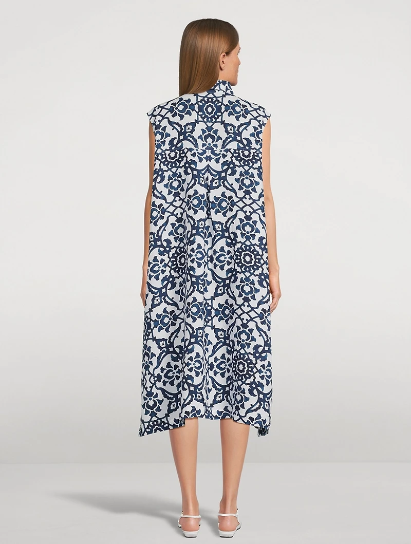 Sleeveless Linen Shirt Dress Ottoman Tile Print