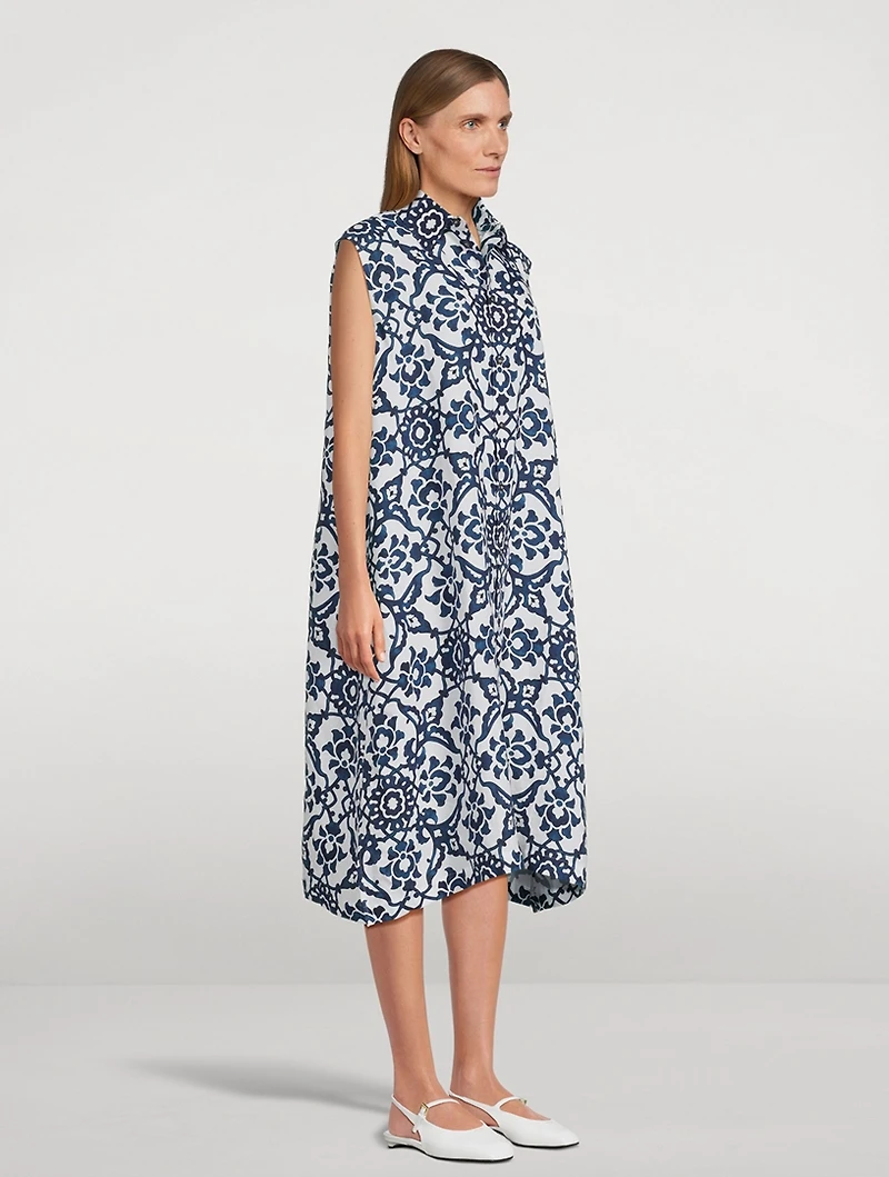 Sleeveless Linen Shirt Dress Ottoman Tile Print