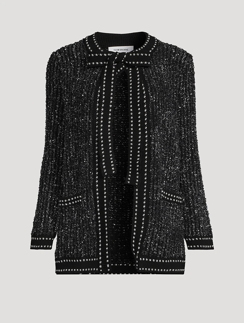 Eyelash Tweed Jacquard Tie-Neck Cardigan