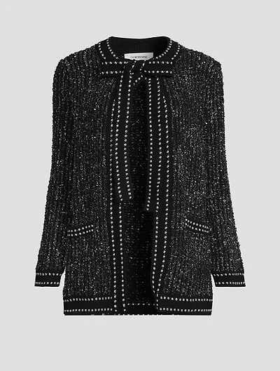 Eyelash Tweed Jacquard Tie-Neck Cardigan