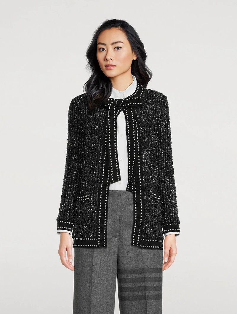 Eyelash Tweed Jacquard Tie-Neck Cardigan