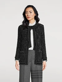 Eyelash Tweed Jacquard Tie-Neck Cardigan