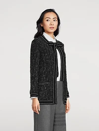 Eyelash Tweed Jacquard Tie-Neck Cardigan