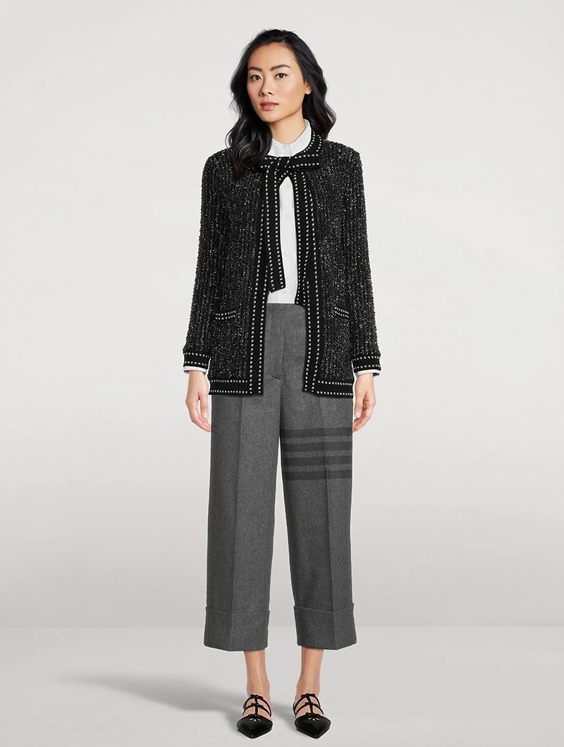 Eyelash Tweed Jacquard Tie-Neck Cardigan
