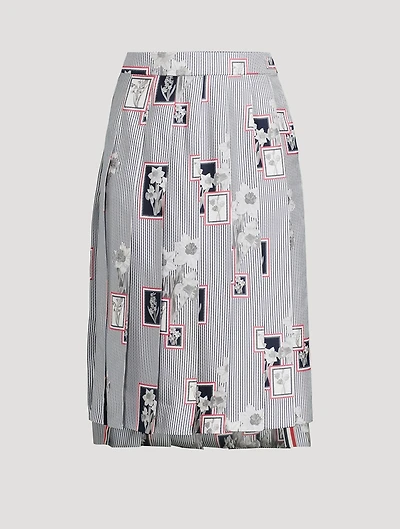 Floral-Embroidered Pleated Silk Midi Skirt Stripe Print