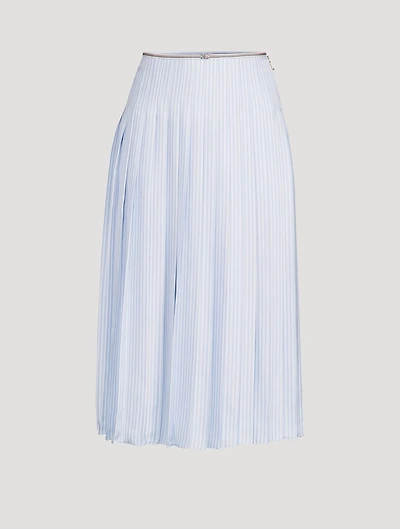 Pleated Silk Twill Midi Skirt Stripe Print