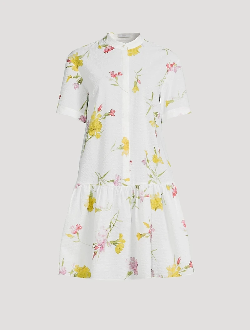 Dropped-Waist Seersucker Shirt Dress Carnation Print