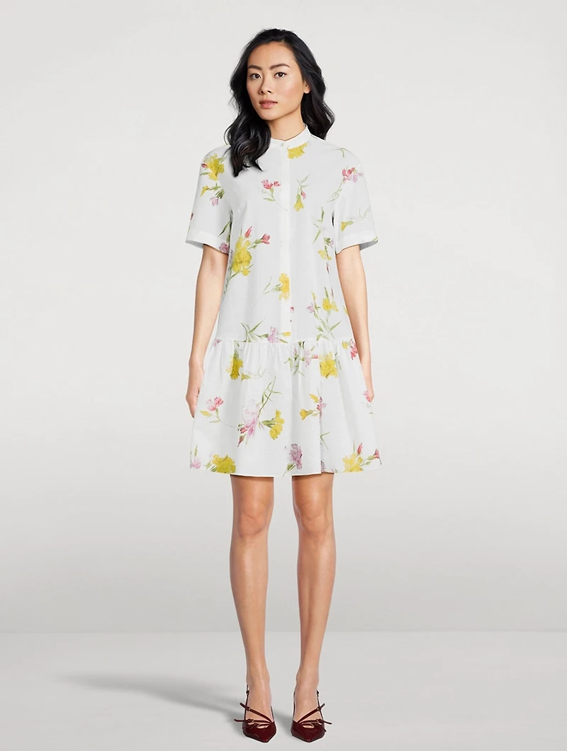 Dropped-Waist Seersucker Shirt Dress Carnation Print