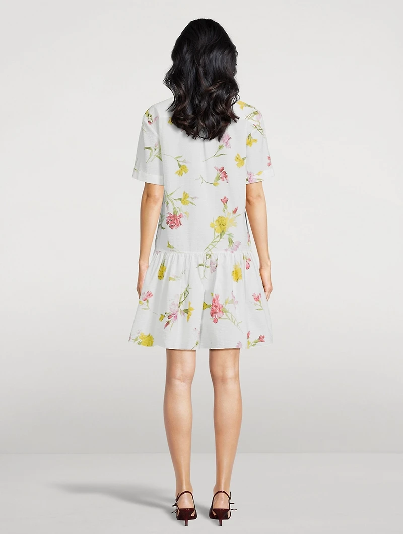 Dropped-Waist Seersucker Shirt Dress Carnation Print