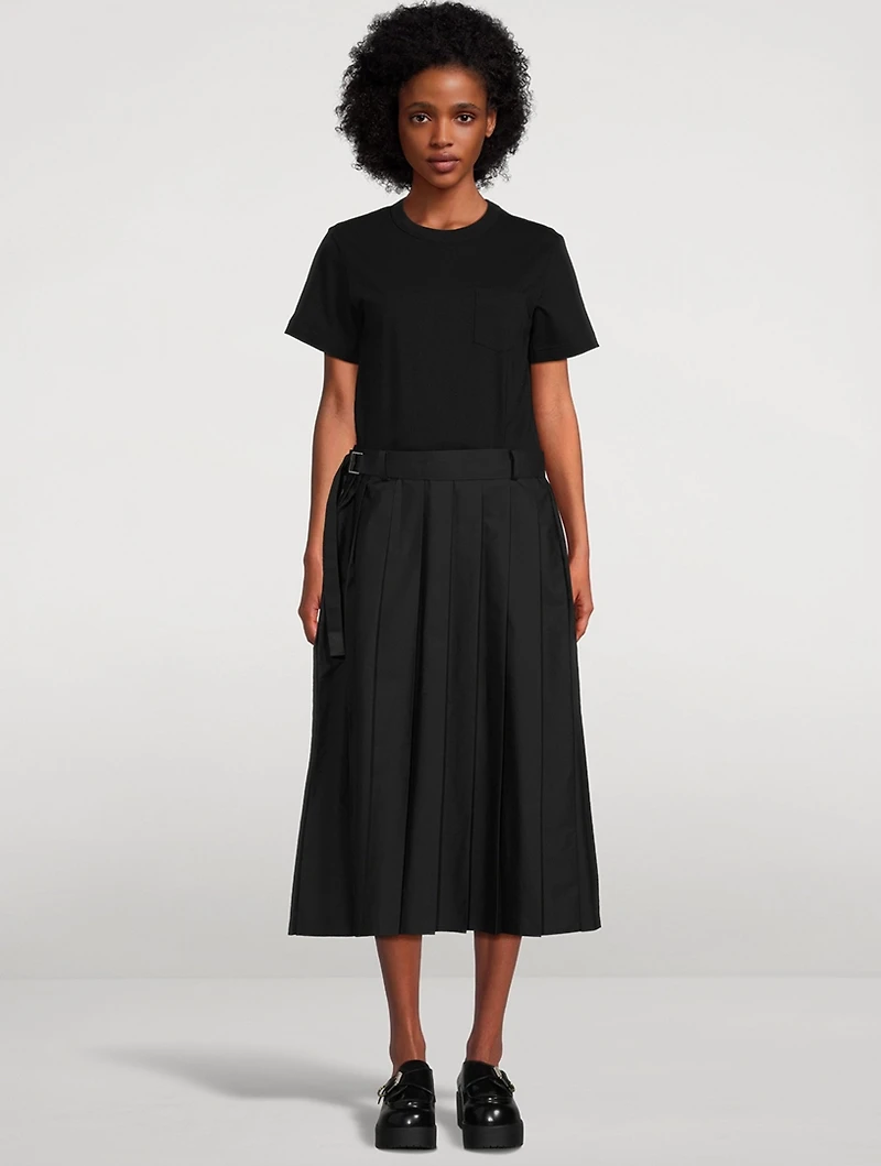 Mixed-Media Belted Midi Dress