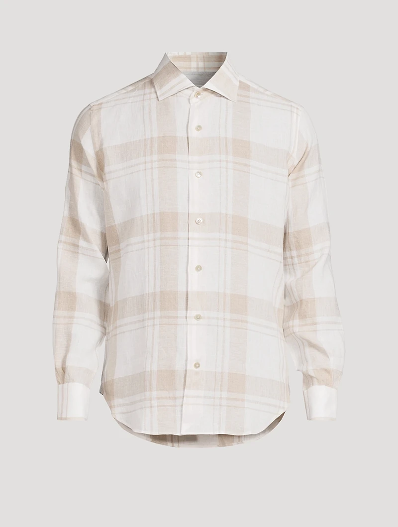 Exploded Plaid Linen Long-Sleeve Shirt