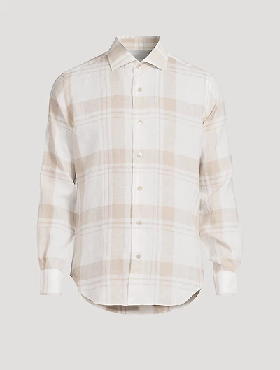 Exploded Plaid Linen Long-Sleeve Shirt