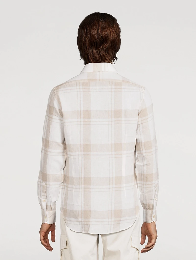 Exploded Plaid Linen Long-Sleeve Shirt