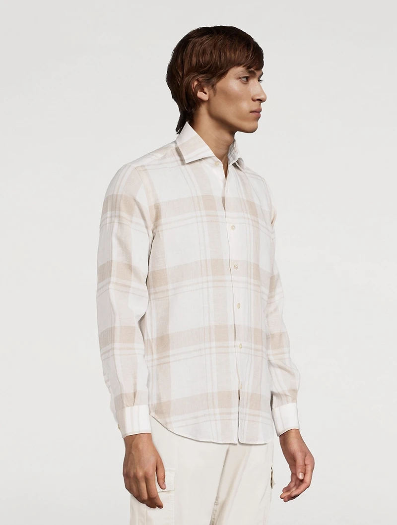 Exploded Plaid Linen Long-Sleeve Shirt