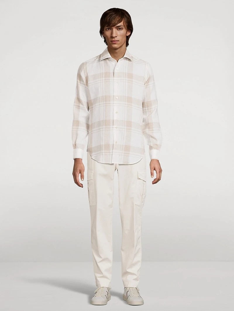 Exploded Plaid Linen Long-Sleeve Shirt
