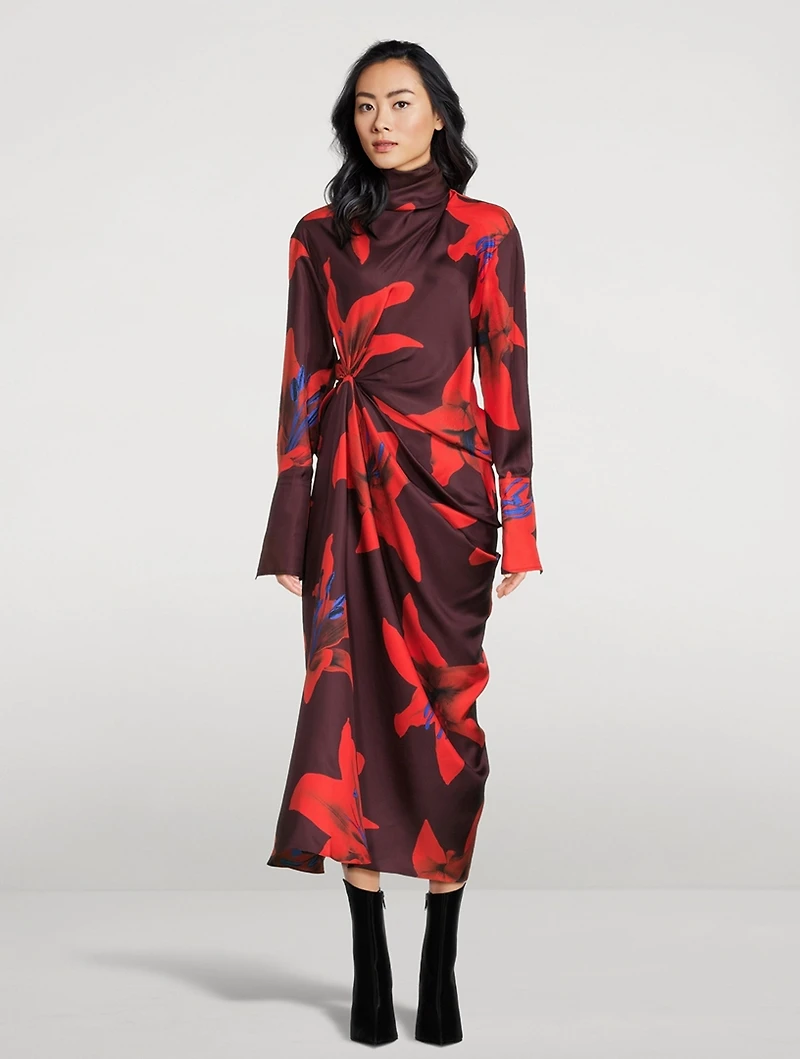 Draped Silk Dress Lily Print