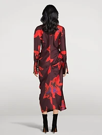 Draped Silk Dress Lily Print