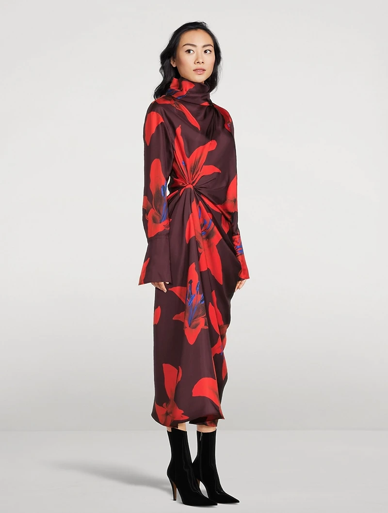 Draped Silk Dress Lily Print