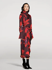 Draped Silk Dress Lily Print