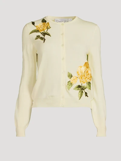 Rose-Embroidered Wool Cardigan