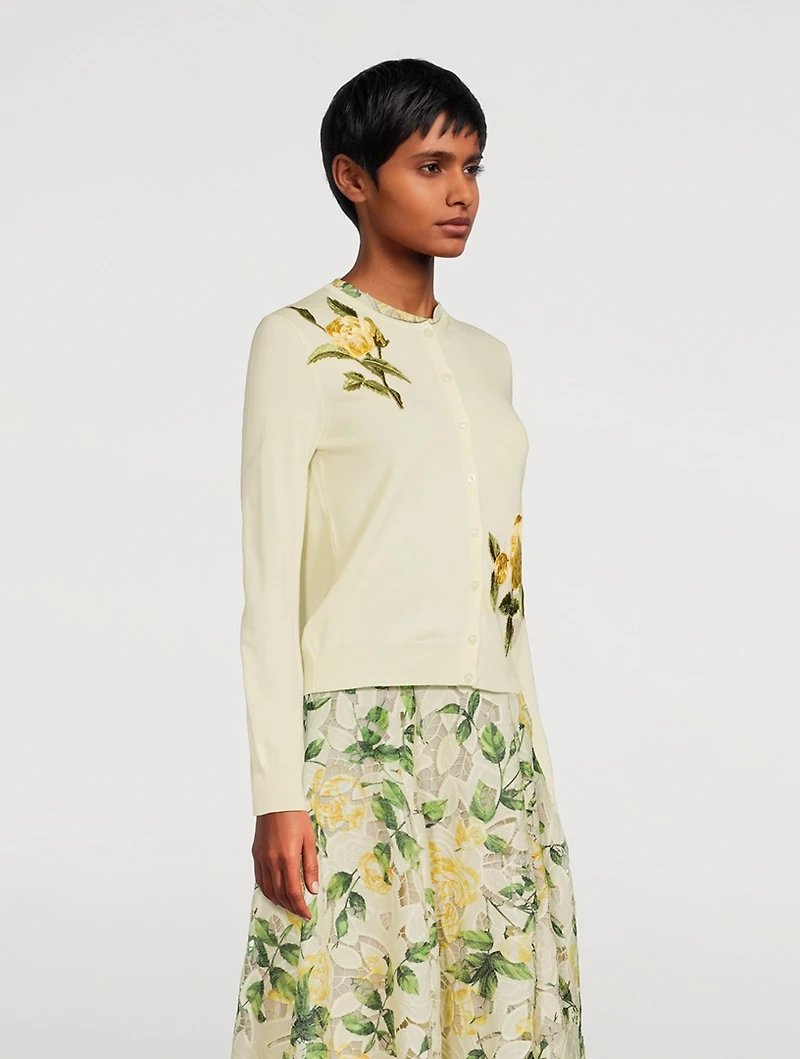 Rose-Embroidered Wool Cardigan