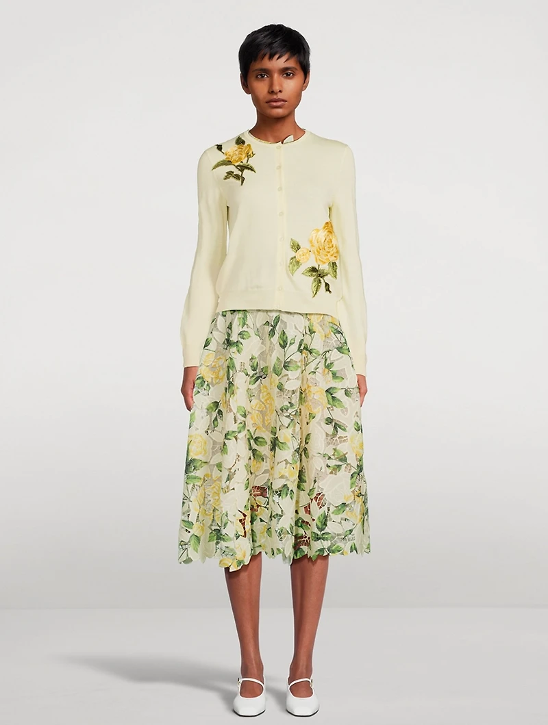 Rose-Embroidered Wool Cardigan