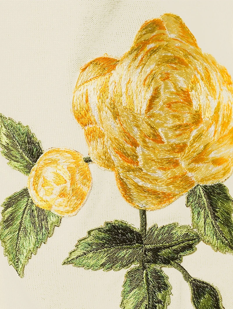 Rose-Embroidered Wool Cardigan