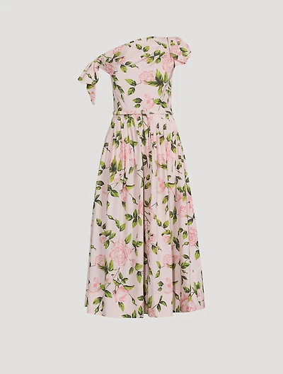 Asymmetric Poplin Midi Dress Rose Print