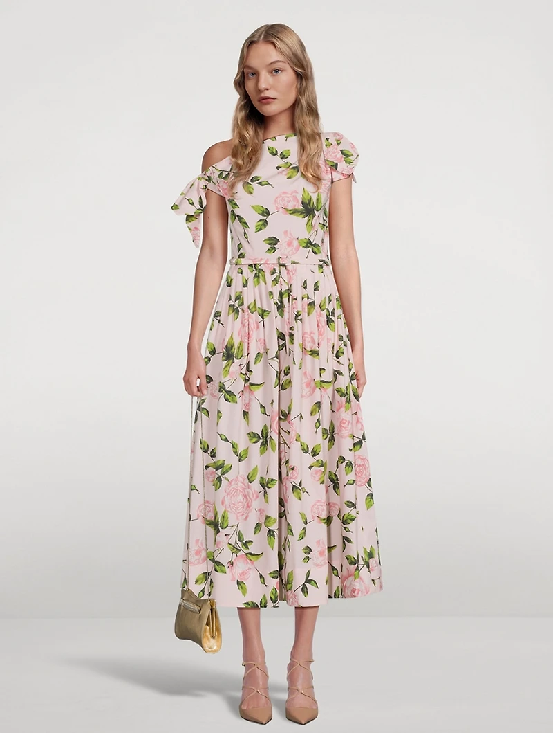 Asymmetric Poplin Midi Dress Rose Print
