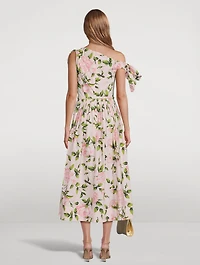 Asymmetric Poplin Midi Dress Rose Print