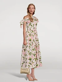 Asymmetric Poplin Midi Dress Rose Print