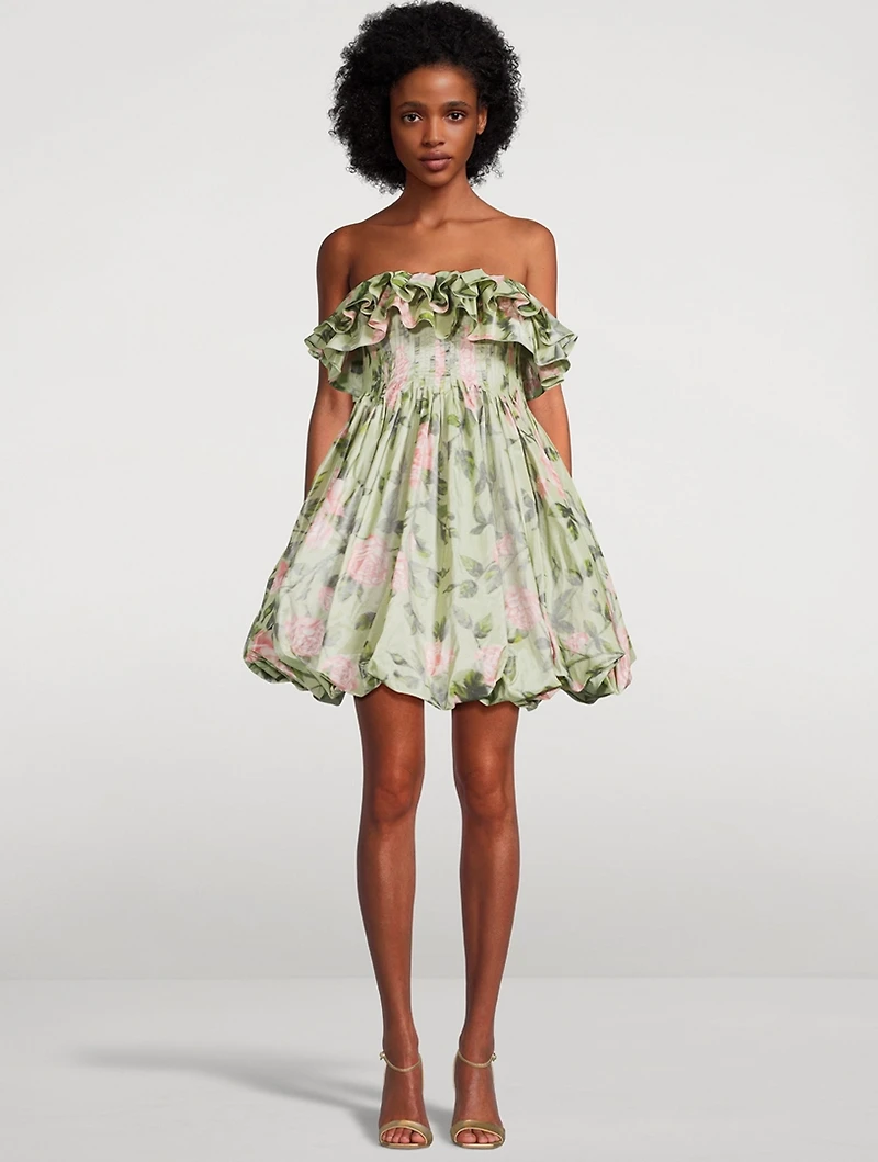 Strapless Silk Mini Dress English Rose Chine Print