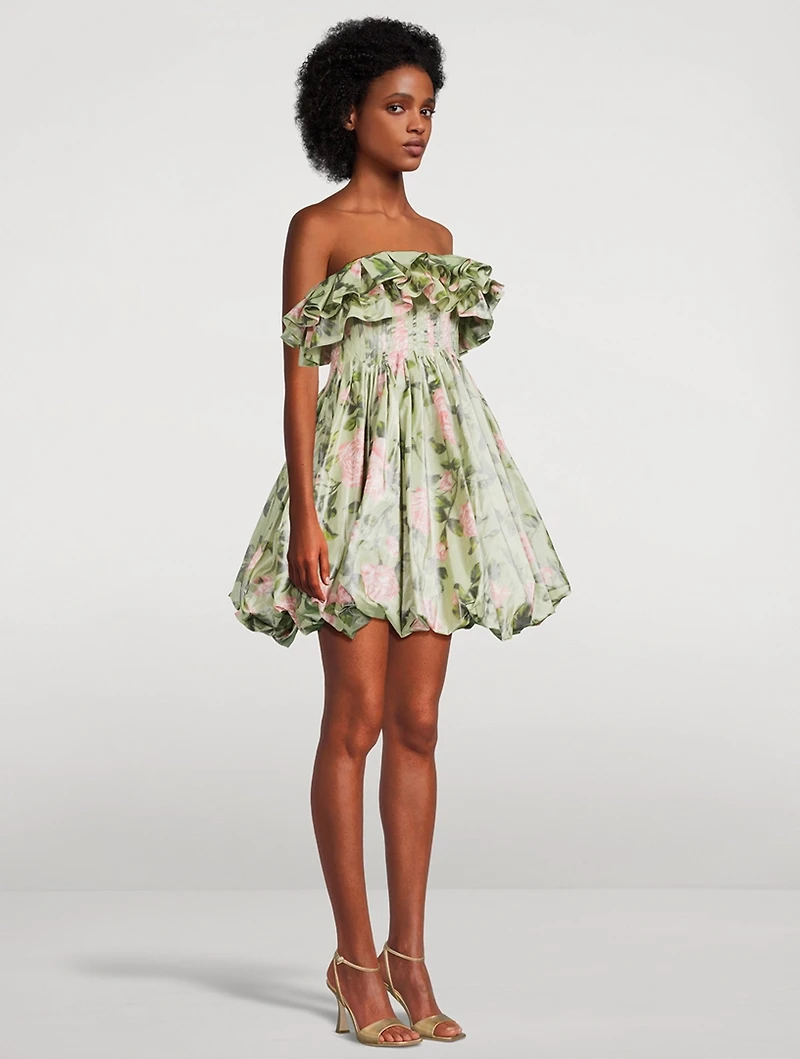Strapless Silk Mini Dress English Rose Chine Print