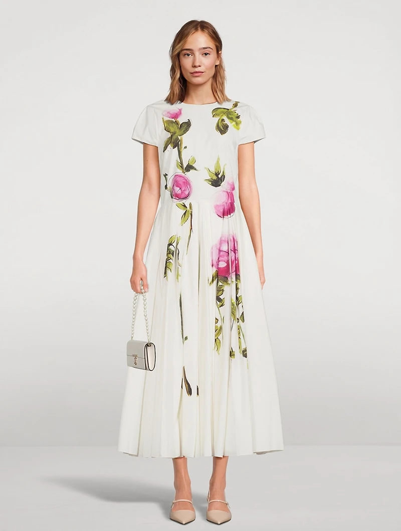 Poplin Midi Dress Painted Roses Print