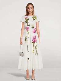 Poplin Midi Dress Painted Roses Print