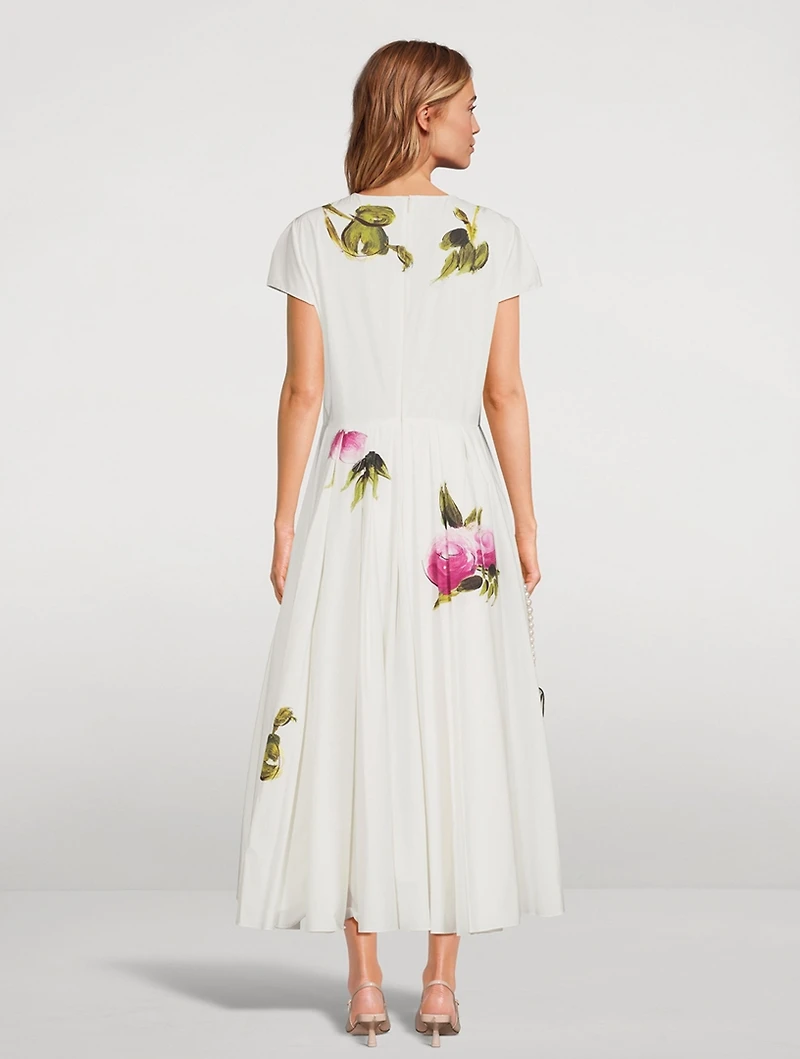 Poplin Midi Dress Painted Roses Print