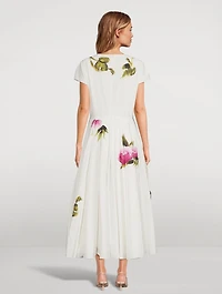 Poplin Midi Dress Painted Roses Print