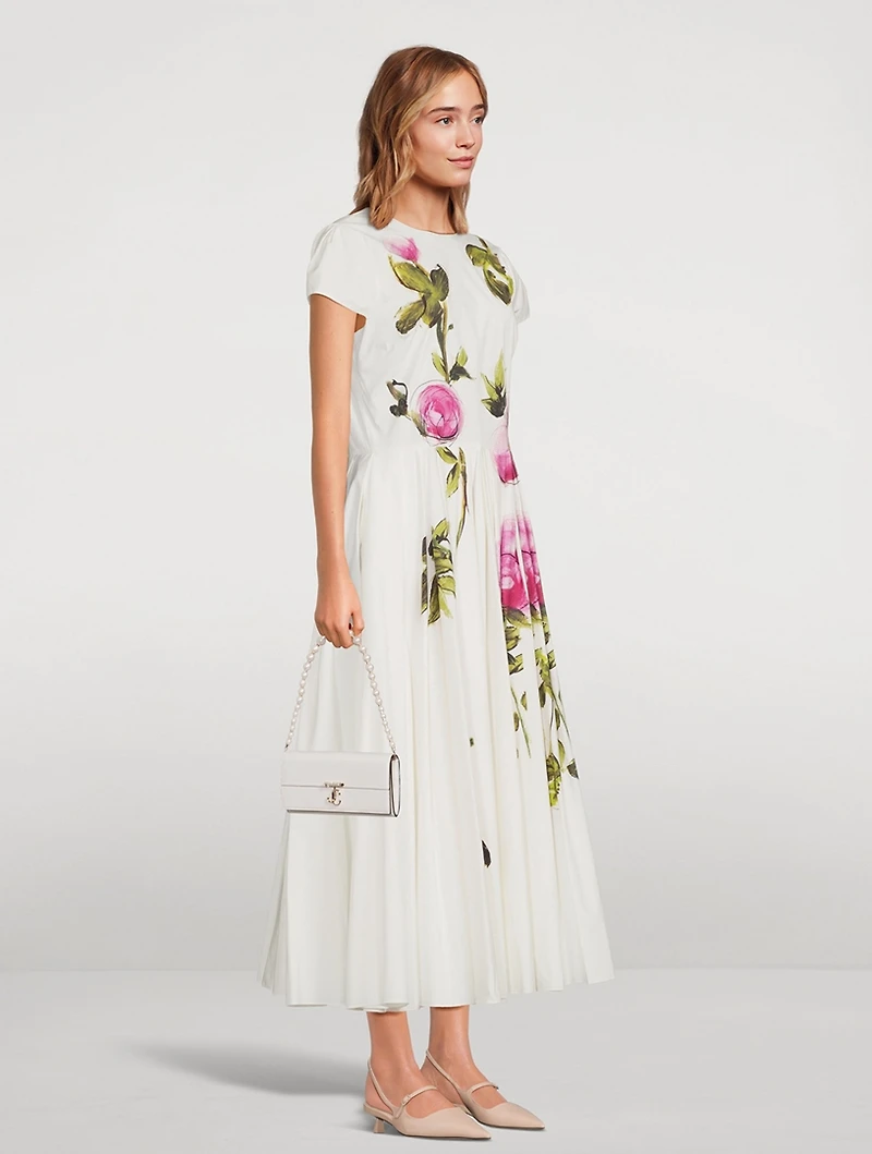 Poplin Midi Dress Painted Roses Print