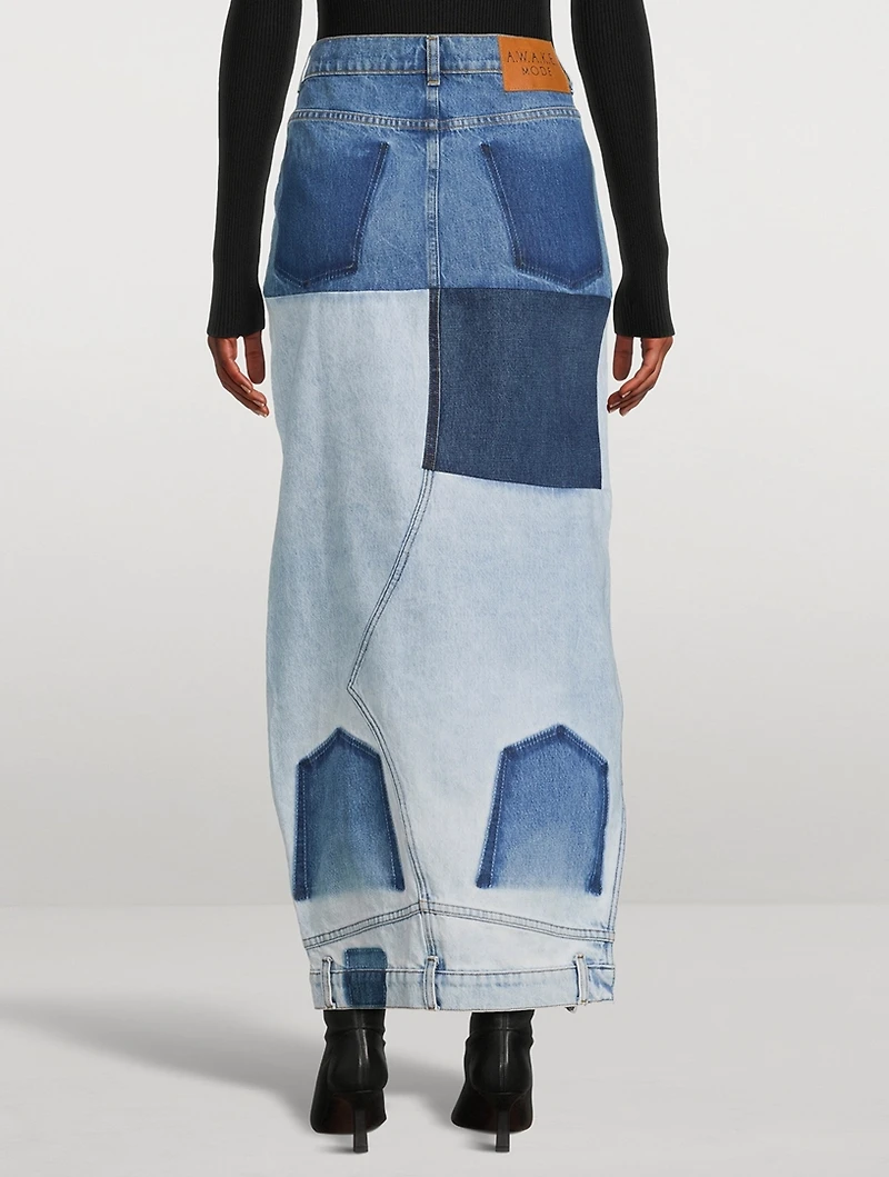 Mirror-Effect Denim Maxi Skirt