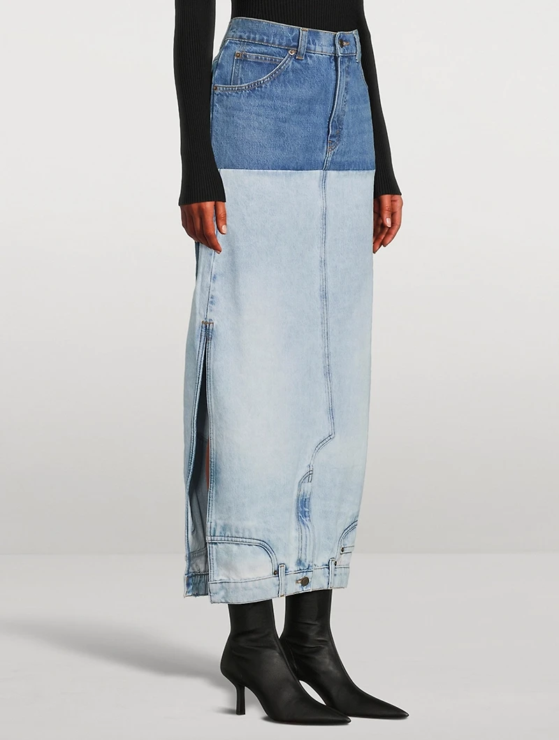 Mirror-Effect Denim Maxi Skirt